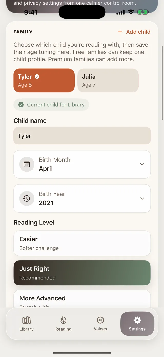 Child profile with reading level